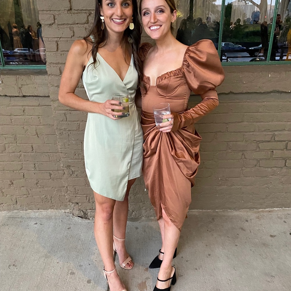 Chocolate satin puff sleeve dress